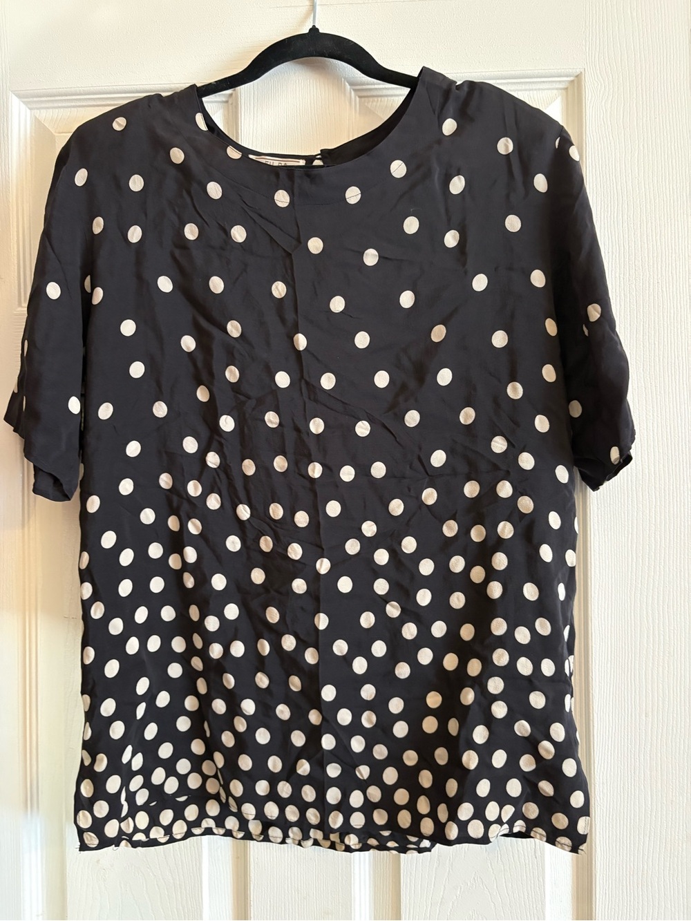 FU DA Fine Silk Blouse Women’s L 100% Silk Black White Polka Dot Short Sleeve